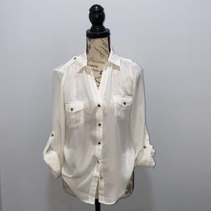 Ladies sheer white button up blouse size small